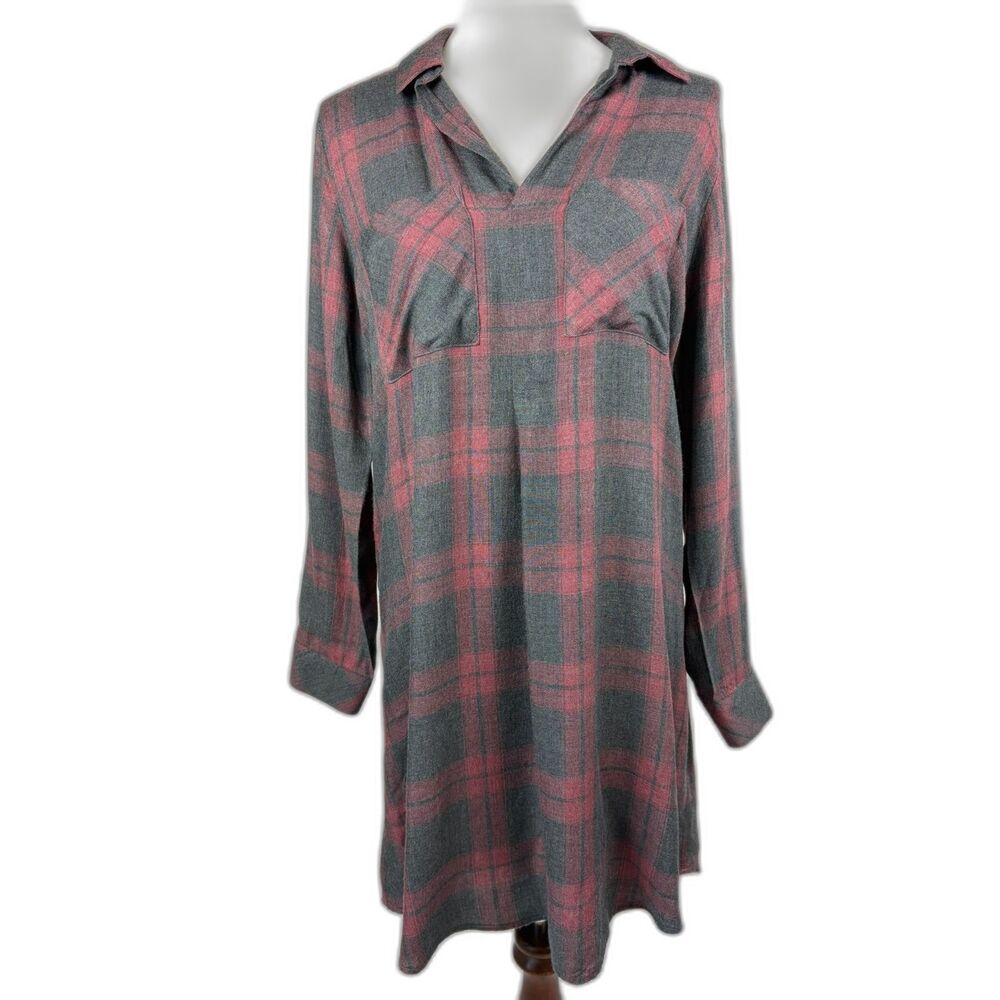Cloth & Stone Cozy Plaid Tunic Dress Gray Soft Brushed Fabric Size S Fall Cabin